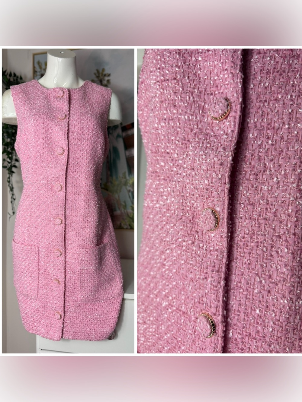 Endless Rose Pink Tweed Mini Dress Sleeveless Button Front Pockets Size Large - Picture 8 of 12